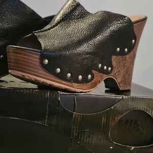 Miss Sixty Black Leather Mules with Wooden Heel